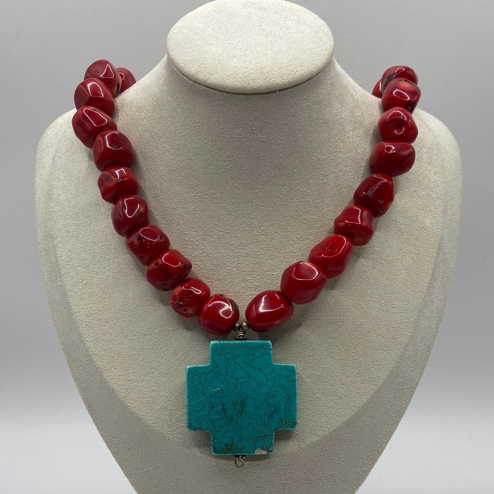 Red Coral Howlite Beaded Cross Toggle Necklace